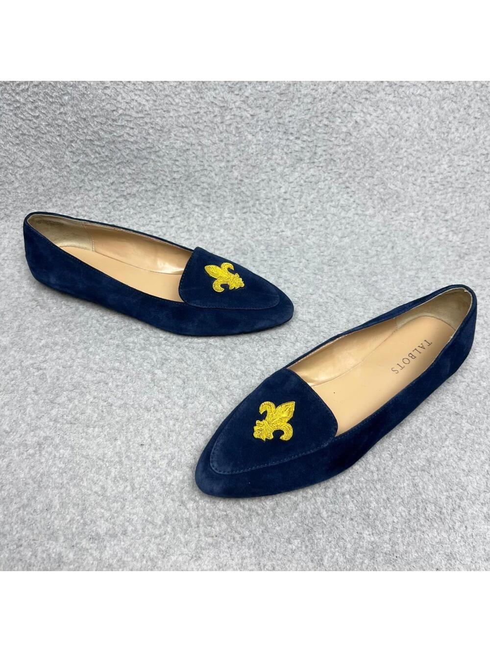Talbots Francesca Navy Suede Loafers Yellow Fleur De Lis Embroidered Flats 7.5